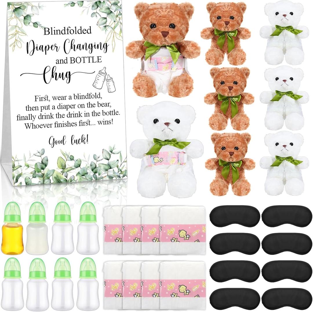 Soulchen 33 Pcs Bear Blindfolded Diaper Changing Shower Games Set Bottle Chug Funny Dolls Diapers for Gender Reveal Raffle Party Game Gifts