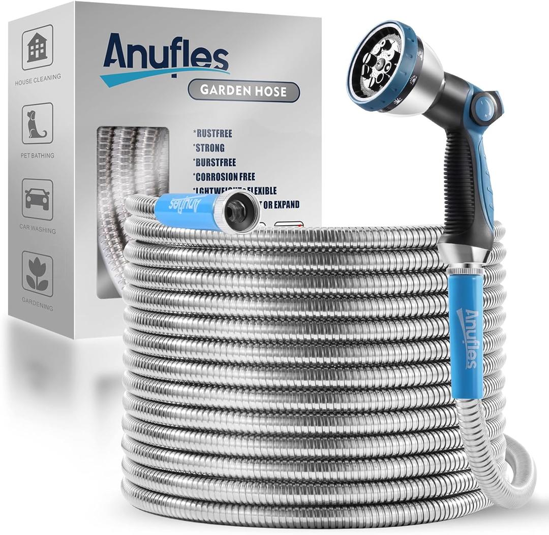Metal Garden Hose 50FT - Upgraded Kink Free and Rust Resistant Design, Stainless Steel Garden Hose With Solid Fitting and 10-Function Nozzle, Durable and Lightweight Outdoor Hose, Easy To Store (Blue)