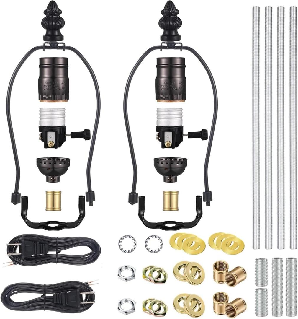 2 Sets MakeaLamp Kits  Table Repair or DIY Wiring Kits With 8'' Harp, 12'' Pipe, 3Way Socket, 8 ft Cord, and All Hardware Parts for Creating DIY Antique Lamp Designs (Black)