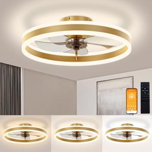 VOLISUN Low Profile Ceiling Fans with Lights and Remote, 19.7in Flush Mount Ceiling Fans with Light, 3000K-6500K Dimmable Fandelier LED Fan Light, Gold Bladeless Ceiling Fans with Lights for Bedroom