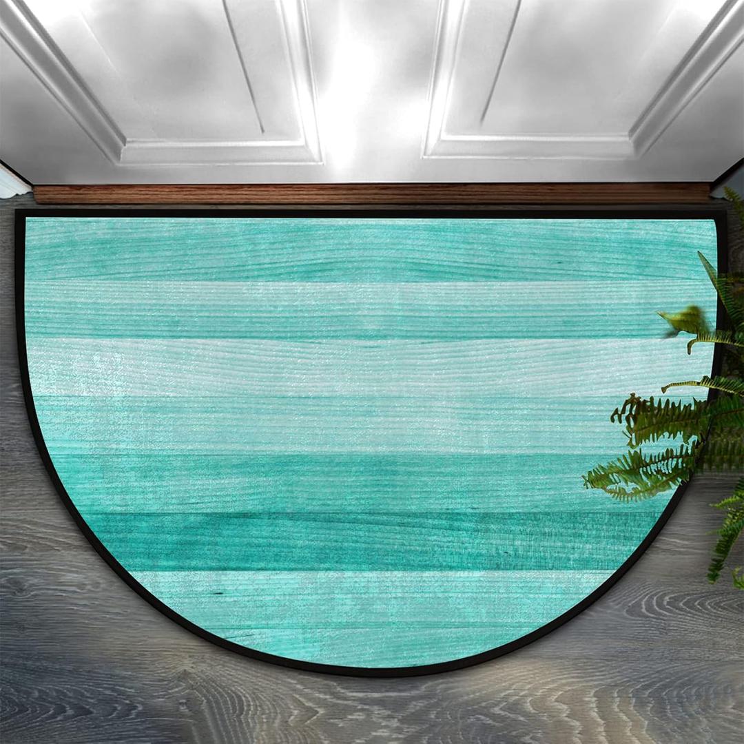 Teal Turquoise Half Round Door Mat Indoor Entrance, Green Painted Wood Background Non Slip Absorbent Doormats, 30X18 Wear Resistant Semi Circle Floor Mats Area Rugs for Home Kitchen Patio