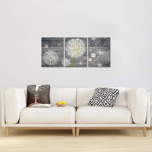 3 Panel Canvas Wall Art Dandelion Flower on Grey Canvas 16 inch x 12 inch Painting (With Frame, Pack of 3)