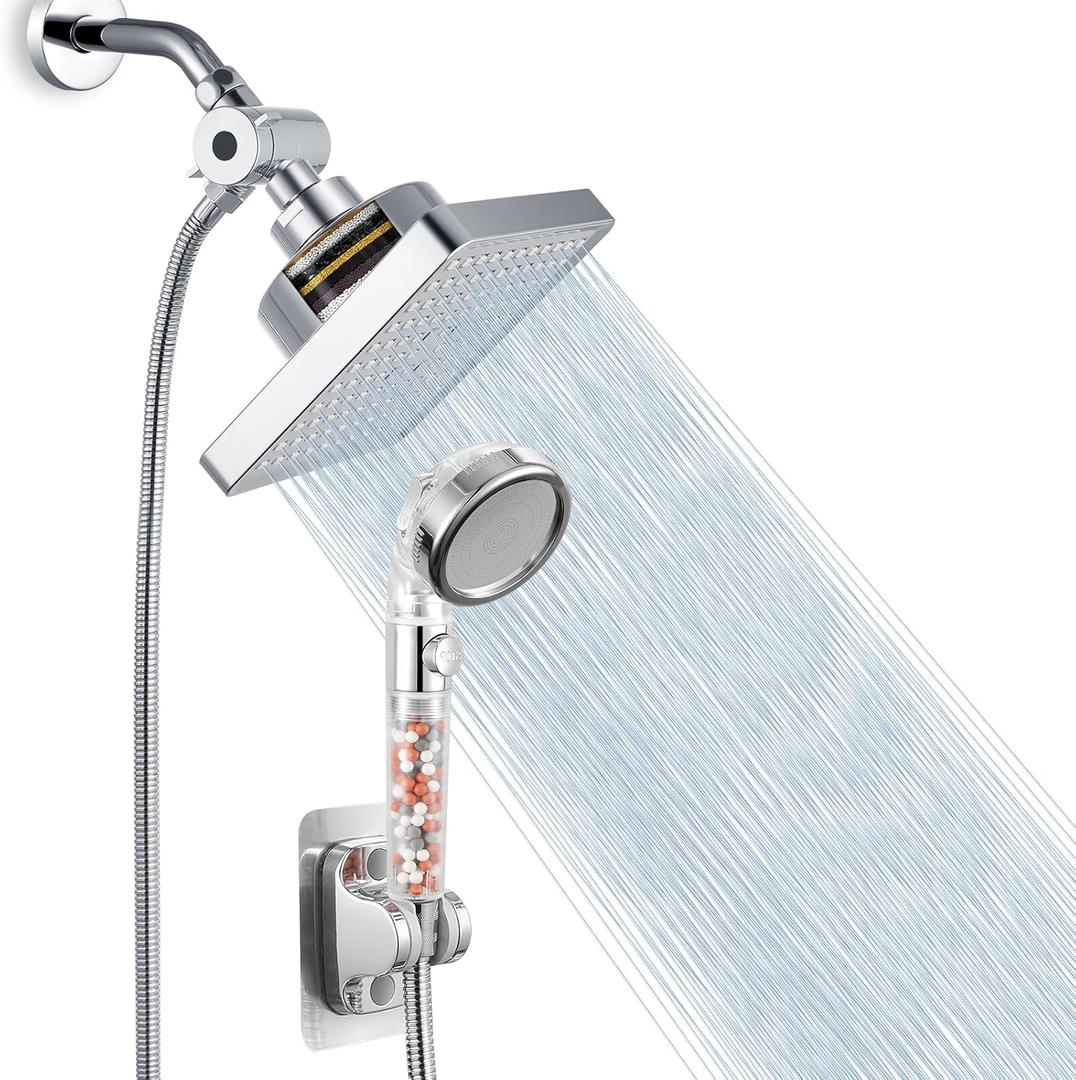 Nuodan Filtered Shower Head with Handheld Combo, High Pressure Rain Showerhead Filter for Remove Chlorine and Harmful Substances, with Self-adhesive Holder/59" Hose, Chrome