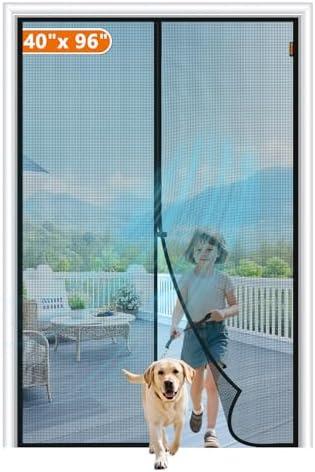 MAGZO Magnetic Screen Door Fit Door Size 40 x 96 Inch, Screen Size 42" x 97" Fiberglass Mesh with Full Frame Hook & Loop Heavy Duty-Black