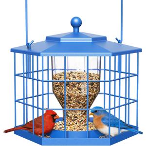Birdream Squirrel Proof Bird Feeders for Outdoor Hanging, Metal Cage Bird Feeder with Rain Proof Covered for Wildbirds Bluebird Finches, Blue