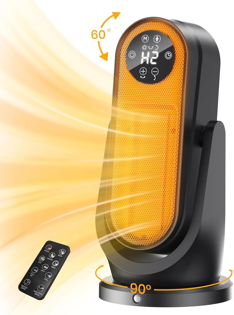 Space Heater for Indoor Use, Two-way Oscillation Portable Heater, 1200W Electric Heater with Human Body Sensor 4 Modes Overheat Protection, 12H Timer PTC Ceramic Heaters for Bedroom Living Room Office (Black-16Inch)