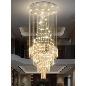 D32''x H110'' Modern Long Staircase Crystal Chandeliers Entryway High Ceiling Lamp Foyer Large Crystal Chandelier Chrome Include Dimming Bulb 3000K-6000K
