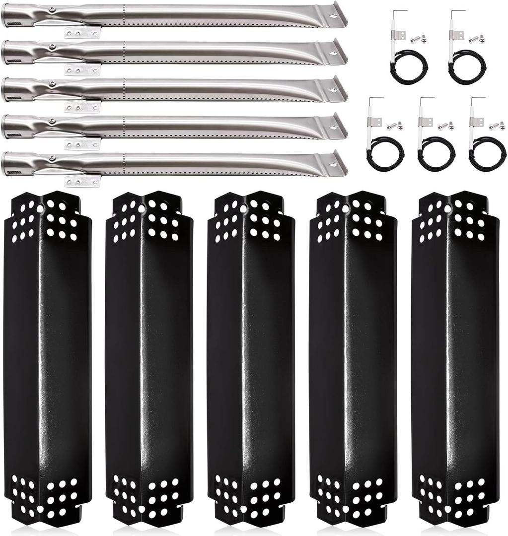 Hiorucet Grill Replacement Parts for Nexgrill 5 Burner 720-0888, 720-0888N, Nexgrill 720-0830H, 720-0864 Models, 5-Pack Porcelain Steel Heat Shields, Burner Tubes and Grill Igniters for Members Mark. (5 Burner Porcelain Steel)