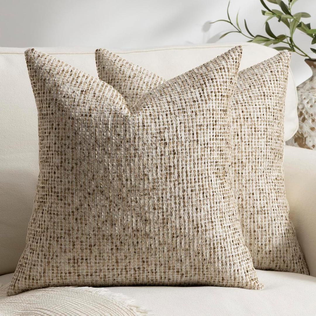 Pack of 2 Neutral Throw Pillow Covers 20x20 Boho Textured Dots Stripe Chenille Square Decorative Pillow Cases Accents for Living Room Couch Bed Farmhouse Home Decor, Taupe