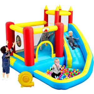 WELLFUNTIME Inflatable Bouncy Castle & Bounce House with Slide, Jumping Castle with Blower, Climbing Wall, Dartboard, Basketball Hoop and 50 Ball Pit Balls, 108x122x86 Inch