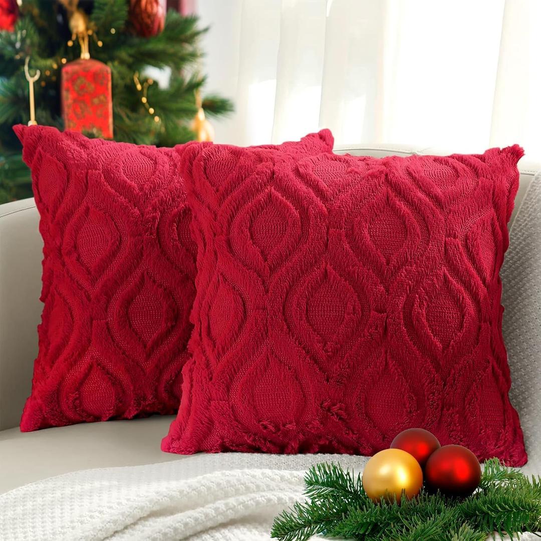 decorUhome Cozy Textured Throw Pillow Covers 18x18 Inch Set of 2, Soft Plush Faux Wool Red Accent Couch Pillow Covers for Modern Farmhouse Sofa Bed Living Room