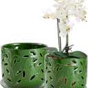 EFISPSS Orchid Pot with Holes, 5+6Inch Ceramic Plant Pots with Drainage Holes and Tray, Promoting Air Circulation and Drainage, Indoor/Outdoor Flower Pots-Green