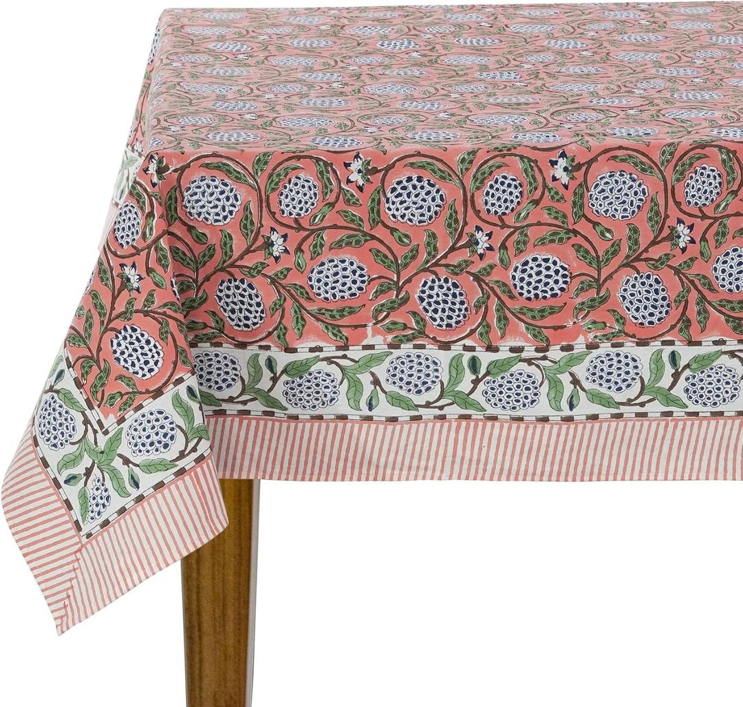 Ridhi Dark Salmon Pink 70 x 108 Inches Rectangular Cotton Washable Tablecloth, Hand Block Print Floral, for Kitchen, Dining, Spring, Easter, Wedding, Birthday, Bridal