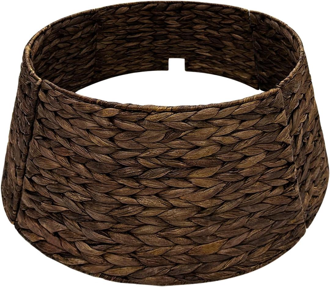 AerWo 22in Christmas Tree Collar - Woven Wicker With Cord Cut-Out, Rustic Handcrafted Skirt for Pencil and Artificial Trees, Easy Storage Ring