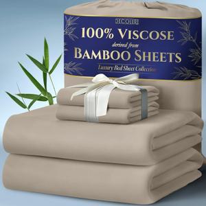 DECOLURE 100% Viscose Derived from Bamboo Sheets King Size 4pcs - Ultra Soft & Luxuriously Cooling, 17" Deep Pocket, Double Stitching, Perfect for Hot Sleepers - King Bed Sheets (Taupe)