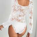SweatyRocks Women's Lace Long Sleeve Corset Bodysuit Tops Sheer Mesh V neck Jumpsuit White A, Medium