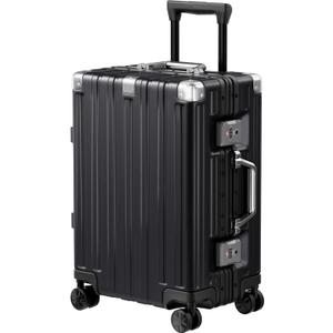 Krute Carry On Luggage Aluminum Frame No Zipper Metal Hardshell PC+ABS Luggage Noble TSA Airline Approved Suitcase with Spinner Wheels 20 Inch Black