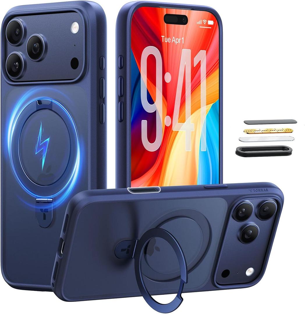 TORRAS for iPhone 17 Pro Max Case with Stand, Compatible with MagSafe, 4X Military Grade Protection, Camera Control Button Translucent Slim Phone Case for iPhone 17 Pro Max 6.9", Deep Blue