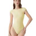 SUUKSESS Women Backless Y2k Short Sleeve Bodysuit Double Lined Boat Neck Open Back Sexy Basic Top (Pale Yellow, M)