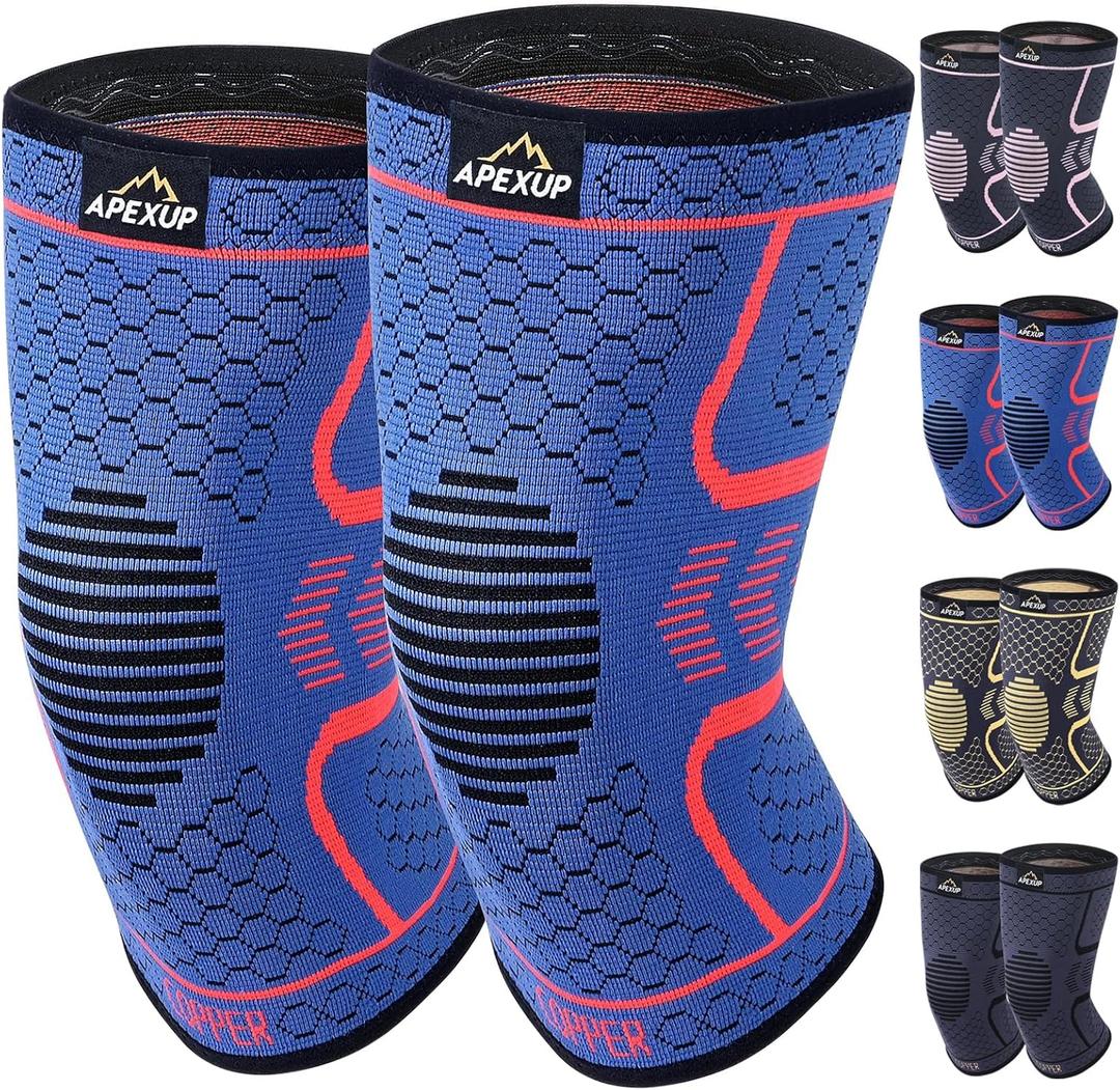 APEXUP Compression Knee Brace for Women, Copper Compression Sleeve for Knee Support, Arthritis Pain Relief, Meniscus Tear, ACL, Running (Blue+Red)