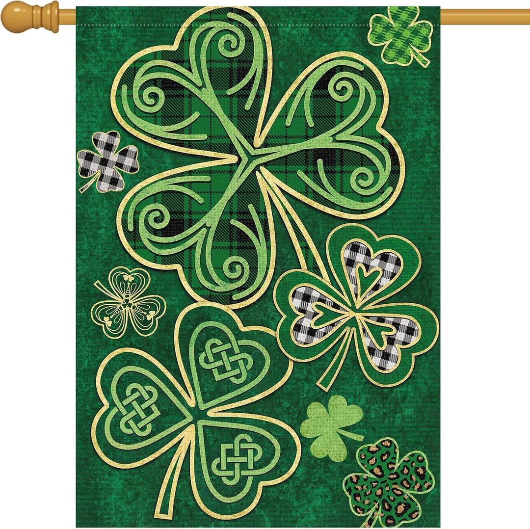 Louise Maelys Welcome St. Patrick's Day Garden Flag 28x40 Double Sided with Tag, Burlap Spring Large Lucky Shamrock Clover Yard Sign Buffalo Plaid Home Outside Outdoor Decor (Multicolor)