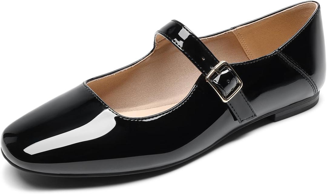 DREAM PAIRS Women's Silver Square Toe Mary Jane Flats: Comfortable Casual Slip On Dress Shoes with Buckle Strap for Women's Daily Wear (11, Black-pat)