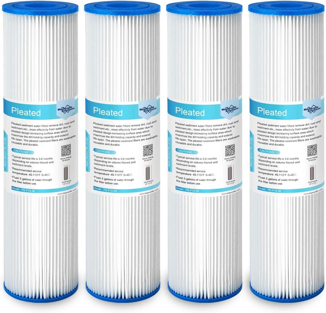 Membrane Solutions 50 Micron Pleated Polyester Sediment Water Filter 10"x2.5" Replacement Cartridge Universal Whole House Pre-Filter Compatible with W50PE, WFPFC3002, SPC-25-1050, FM-50-975 - 4 Pack