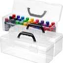 3 Pack Clear Paint Storage Box Organizer with Handle - Holds 30 Bottles of 2 oz Acrylic Paints - Portable Plastic Art Supply & Craft Case
