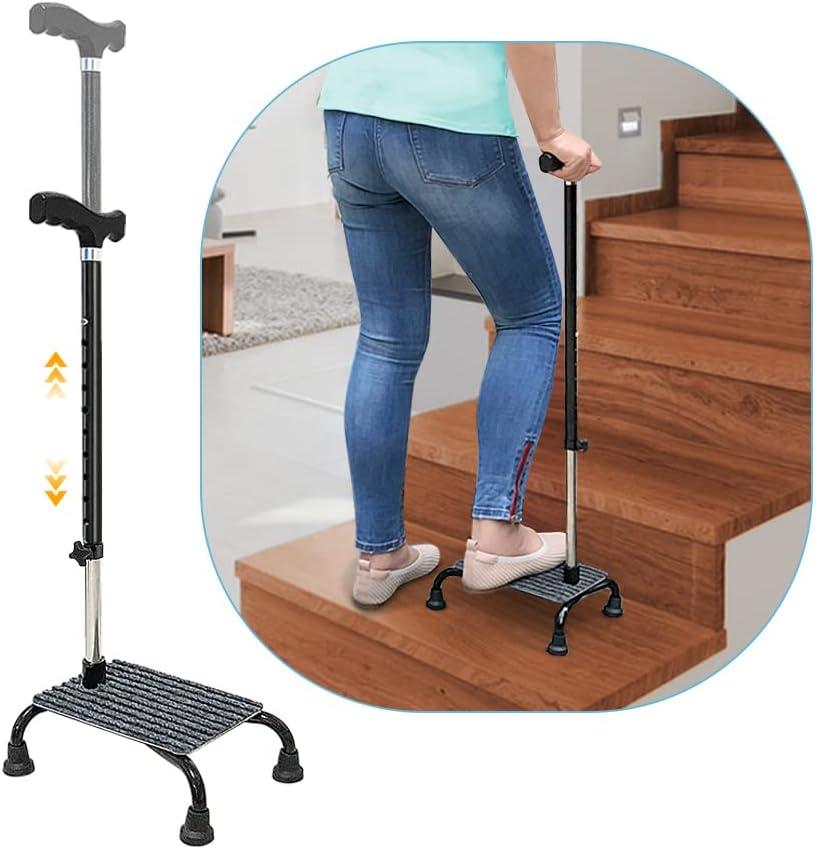 Stair Climbing Cane Half Step Stair Walker Aid Devices Stairway Lift for Elderly Seniors Assist Helper Adjustable 4 Pronged Quad Base Balance Stability Walking Sticks, 11.5*8*38.5"
