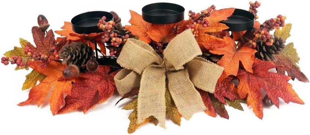 Fall Candle Holder Centerpiece with Maple Leaves, Pinecones, Berries & Burlap Bow,Thanksgiving Table Centerpiece Decoration for Dining Table, Mantel & Autumn Harvest Home Dcor (Orange)