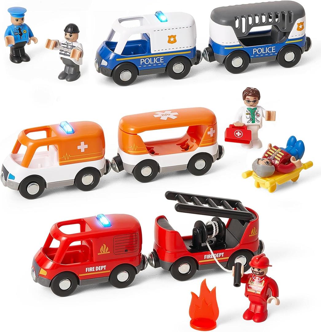 Giant bean 6pcs Magnetic Rescue Train Car Set with Sound & Light  3 in1 Police, Fire & Ambulance Emergency Vehicles, Magnetic Coupling with Action Figures Accessories, STEM Play Toy for Kids 3+