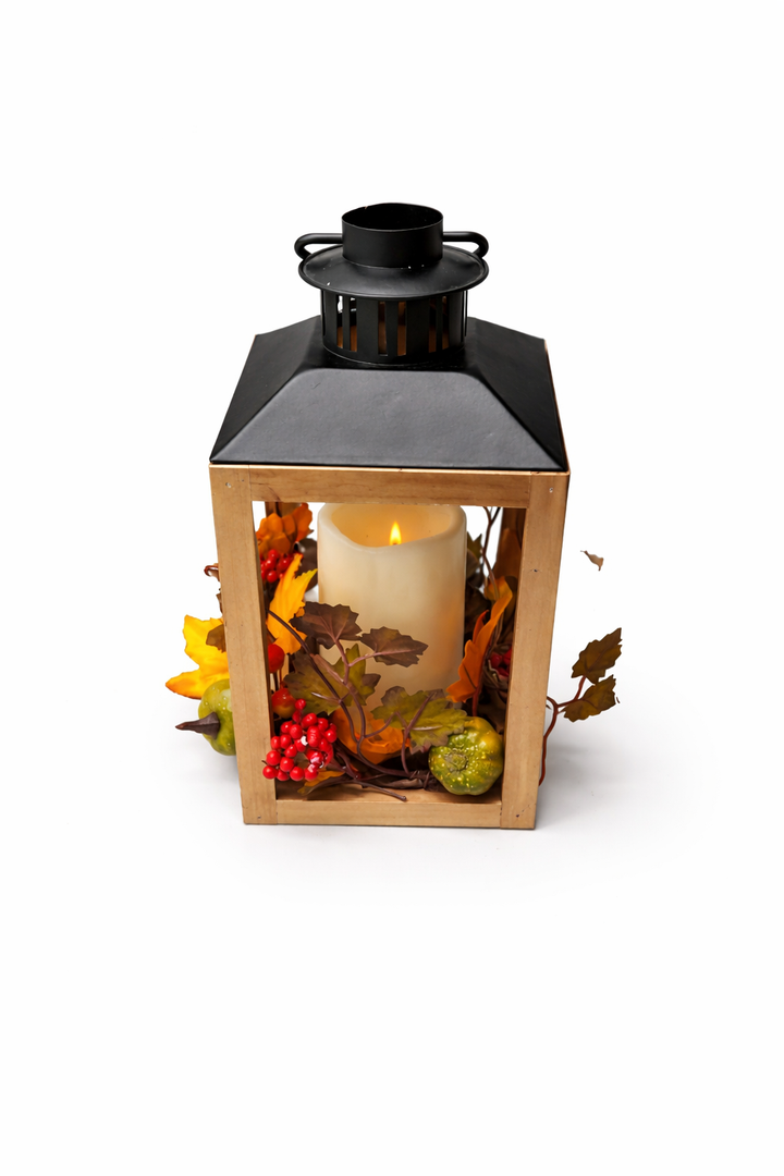 Lantern Decor for Fall Harvest - Sunflower, Pinecone and Berry Hanging Lantern, Autumn Wood Tabletop Centerpiece