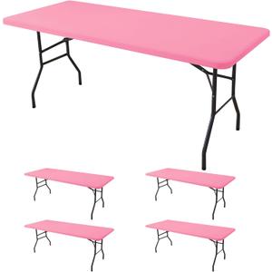 Fitted Tablecloth for 8 Foot Rectangle Tables-4 Pack Pink Elastic Outdoor Picnic Table Cover-Spandex Stretch Folding Table Cloths 8ft for Camping Dining Room Patio Kitchen Banquet Party, 30'' x 96'' | 4 Pack