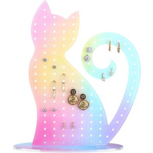 Tondiamo Cat Earring Holder Iridescent Acrylic Earring Organizer with 136 Holes Colorful Jewelry Display Stand for Girls & Women, Ear Stud Holder Gift for Cat Lovers