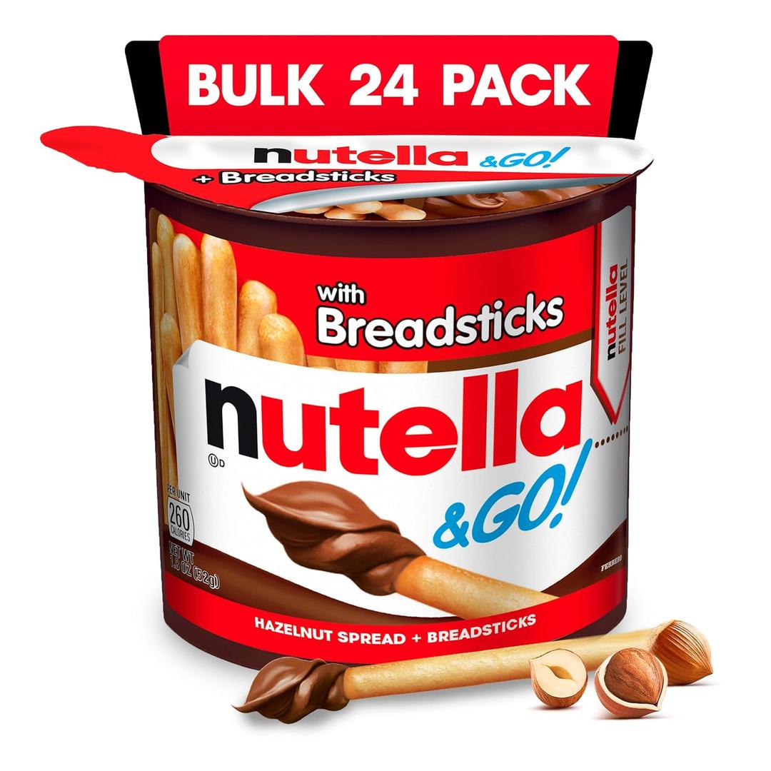 Nutella & GO! Chocolate Hazelnut Spread with Cocoa + Breadsticks, 24 Bulk Snack Packs, 1.8 oz Each (EXP 11/24/26)