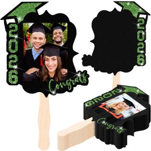 24 Pcs Custom Graduation Cutout Face Fans with Handle Double Sided Grad Party Supplies Class of 2026 Grad Photo Props Blank DIY Photo Frame for Graduation Party Souvenirs(Green)