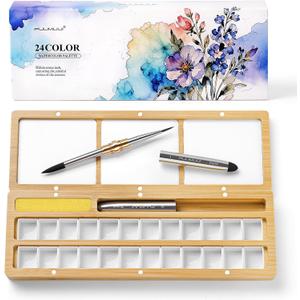 Fuumuui Watercolor Palette Box, Burlywood Palette Kit with Cover, 24 Empty Removable Half-pan Grids, Dual Tip Travel Brushes, for Watercolor Gouache Color Mixing, Pure White Palette for Painting