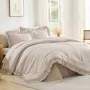 Andency Tan Gingham Ruffle Comforter Full (79x90Inch), 3 Pieces(1 Ruffled Comforter and 2 Pillowcases) Solid Farmhouse Shabby Chic Bed, Vintage Rustic Soft Polyester Bedding Set