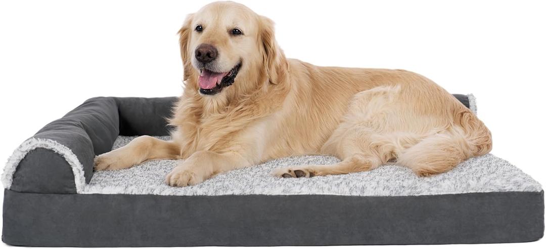 Furhaven Orthopedic Dog Bed for Large Dogs w/ Removable Bolsters & Washable Cover, For Dogs Up to 95 lbs - Two-Tone Plush Faux Fur & Suede L Shaped Chaise - Stone Gray, Jumbo/XL