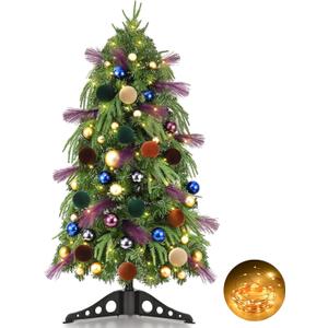 Livole 3 FT Small Christmas Tree with 50 Lights & Timer, Pre-Decorated Tabletop Mini Christmas Tree with 81 PCS Ornaments & Pampas, 128 Branches Xmas Trees for Table Christmas Decor