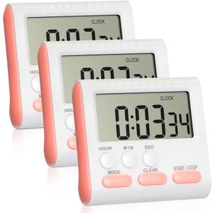 Mudder 3 Pack Digital Kitchen Timer for Cooking, Large Digits, 24 Hour Magnetic Backing Stand Kitchen Timers Clock for Classroom Kids Teachers, Loud Alarm and Large Screen (Pink)