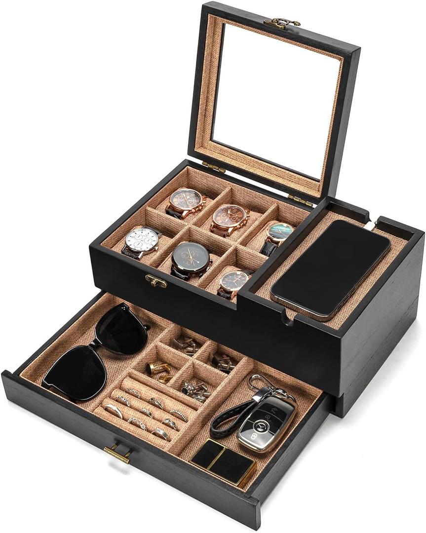 Pinzoveco Watch Box Organizer for Men, 6 Slot Mens Jewelry Box Display & Storage Watch, Solid Wood Watch Case for Men, Gift for Boyfriend Fathers Day Birthday Gifts (Black)