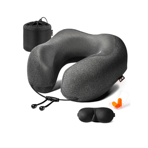 MLVOC Travel Pillow 100% Pure Memory Foam Neck Pillow, Comfortable & Breathable Cover, Machine Washable, Airplane Travel Kit with 3D Contoured Eye Masks, Earplugs, and Luxury Bag, Standard (Black)
