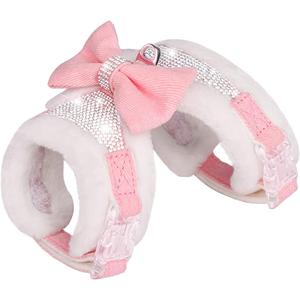 FUNAT Plush Chest Straps for Dogs, Rhinestone Winter Dog Harness, Vest Bow Harness for Small Medium Dogs (Pink)