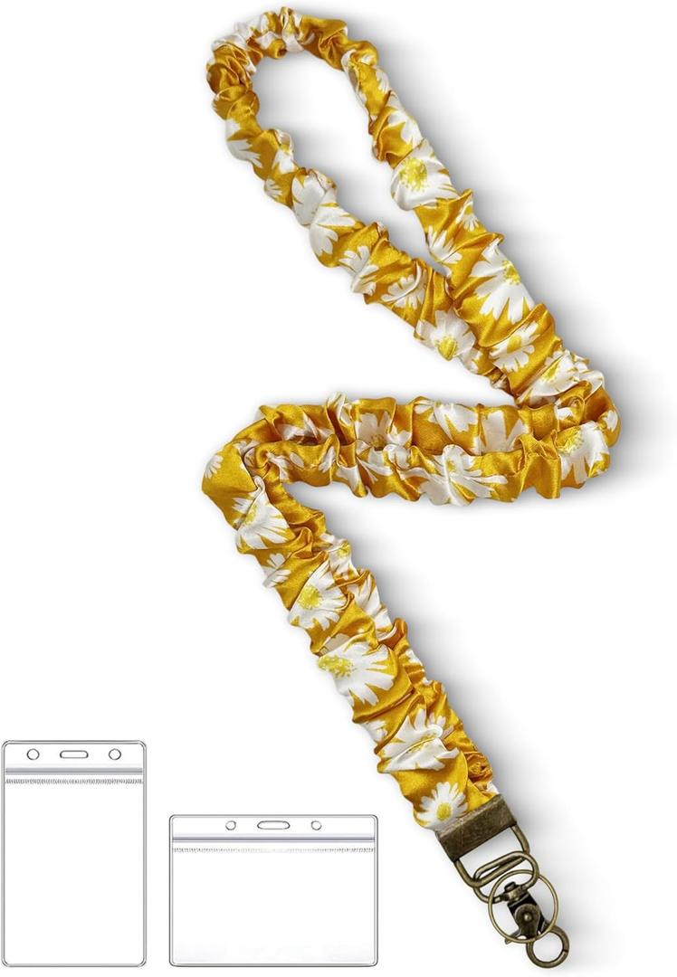 Lanyardio Stretchy Scrunchie Lanyard for ID Badges Keys, Cute Teacher Lanyard for Women with 2 Card Holders 19.6 Inch (Yellow Flower)