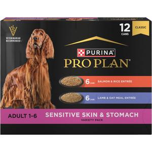 Purina Pro Plan Sensitive Skin and Stomach Wet Dog Food, Salmon and Rice and Lamb and Oat Meal Variety Pack - (Pack of 12) 13 oz. Cans (EXP 01/31/28)