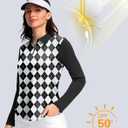 Women's Golf Shirts Lightweight UPF 50+ Long Sleeve Shirts UV Protection Quick Dry Cool Polo Shirts for Women Work Outdoor (Medium, Black Plaid)