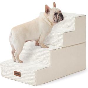 Dog Stairs for Small Dogs - Pet Stairs 2 in 1 with Zippers Suitable for Couch and Bed, 35D Foam Dog Steps with Non Slip Bottom Grey 4 Steps, Beige