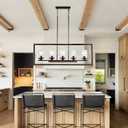 Farmhouse 5-Light Dining Room Pendant Light Fixture with Clear Glass Shades, Kitchen Island Rectangle Chandeliers in Black Metal and Natural Wood Finish