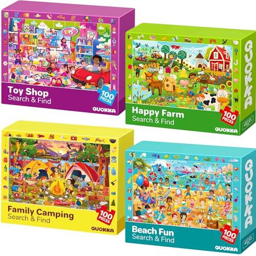 QUOKKA 100 Piece Puzzles for Kids Ages 4-6 – 4xSET Search and Find Kids Puzzles Ages 5-8 – Artist-Crafted Illustrations with Children Daily Life, Hidden Objects - Educational Activity Toy Gift